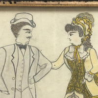 Dapper Gent and Lovely Lady in Yellow, Victorian Graphite and Watercolor Drawing