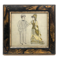 Dapper Gent and Lovely Lady in Yellow, Victorian Graphite and Watercolor Drawing