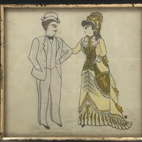Dapper Gent and Lovely Lady in Yellow, Victorian Graphite and Watercolor Drawing