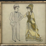 Dapper Gent and Lovely Lady in Yellow, Victorian Graphite and Watercolor Drawing