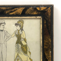 Dapper Gent and Lovely Lady in Yellow, Victorian Graphite and Watercolor Drawing