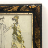 Dapper Gent and Lovely Lady in Yellow, Victorian Graphite and Watercolor Drawing