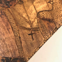Antique Handmade Intensely Pyrographed Triangular Box with Woman Wearing Cross