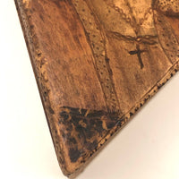 Antique Handmade Intensely Pyrographed Triangular Box with Woman Wearing Cross