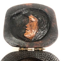 Unusual Carved Burl Folk Art Box with Two Moon Like Faces (One Inside!)