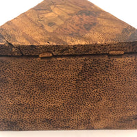 Antique Handmade Intensely Pyrographed Triangular Box with Woman Wearing Cross