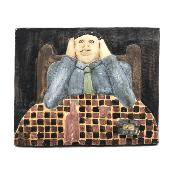 Ken Goldstrom 1975 Man with Dink and Cigarettes Ceramic Bas Relief Tile