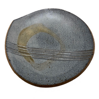 Blue-Gray Small Pottery Slab Plate with Incised Stripes and Pale Brown Loop