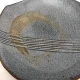 Blue-Gray Small Pottery Slab Plate with Incised Stripes and Pale Brown Loop