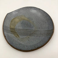 Blue-Gray Small Pottery Slab Plate with Incised Stripes and Pale Brown Loop