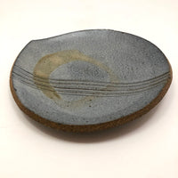 Blue-Gray Small Pottery Slab Plate with Incised Stripes and Pale Brown Loop