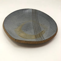 Blue-Gray Small Pottery Slab Plate with Incised Stripes and Pale Brown Loop