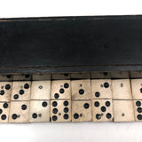 Partial Set of Beautiful Antique Handmade Bone Dominoes in Very Long Slidetop Box