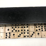 Partial Set of Beautiful Antique Handmade Bone Dominoes in Very Long Slidetop Box