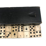 Partial Set of Beautiful Antique Handmade Bone Dominoes in Very Long Slidetop Box
