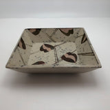 Interesting Square 1970s Pottery Bowl, Cream with Pink and Copper Decoration