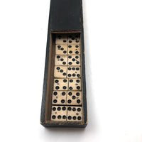 Partial Set of Beautiful Antique Handmade Bone Dominoes in Very Long Slidetop Box