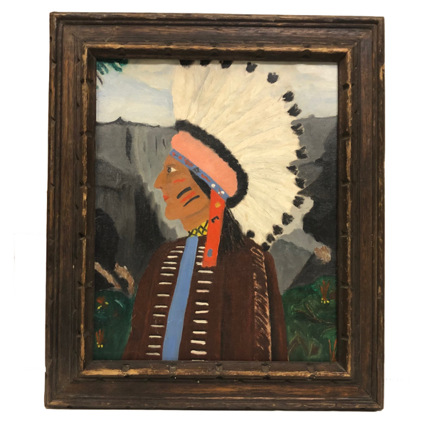 Large 1969 Folk Art Painting of Native American Chief, Signed Florence Jones, Lewiston Maine