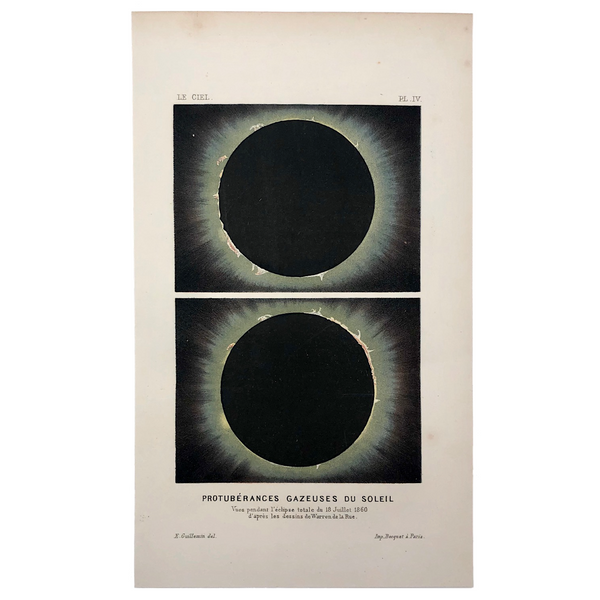 Antique French Astronomical Book Plate: Gaseous Proturberances During 1860 Solar Eclipse
