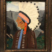 Large 1969 Folk Art Painting of Native American Chief, Signed Florence Jones, Lewiston Maine