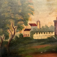 Wonderful Hudson River School Oil on Wood Panel with Farm, Waterfall