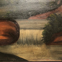 Wonderful Hudson River School Oil on Wood Panel with Farm, Waterfall