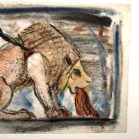 Chris Ritter Mid-Century Pastel and Watercolor Drawing of Wounded Lion