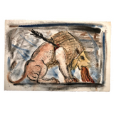 Chris Ritter Mid-Century Pastel and Watercolor Drawing of Wounded Lion