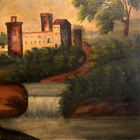 Wonderful Hudson River School Oil on Wood Panel with Farm, Waterfall