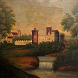 Wonderful Hudson River School Oil on Wood Panel with Farm, Waterfall