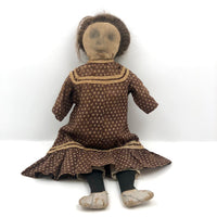 Wonderful 19th C Primitive Cloth Doll with Pencil Drawn Face and Real Hair