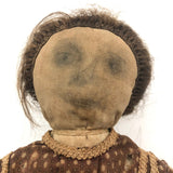 Wonderful 19th C Primitive Cloth Doll with Pencil Drawn Face and Real Hair