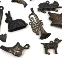 Collection of Old Metal Charms in Treen Hive-Shaped Bank