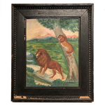 Naive 19th Century American Oil Painting of Lion, Leopard and Goat