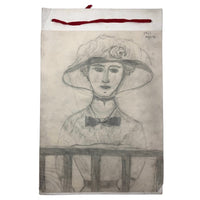 1911 Schoolgirl Graphite Portrait of Soulful Looking Woman in Big Hat