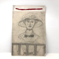 1911 Schoolgirl Graphite Portrait of Soulful Looking Woman in Big Hat
