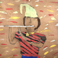 Charming Old Pied Piper Tempera Painting on Brown Paper
