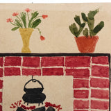 Red Brick Hearth with Pot and Plants, Small Naive Watercolor