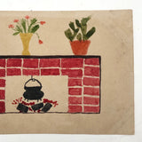 Red Brick Hearth with Pot and Plants, Small Naive Watercolor