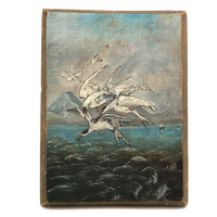 Swarming Gulls Over Moody Sea Old Oil Painting on Wood Panel
