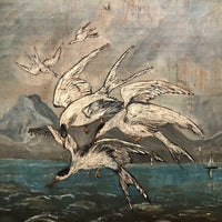 Swarming Gulls Over Moody Sea Old Oil Painting on Wood Panel