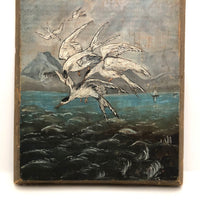 Swarming Gulls Over Moody Sea Old Oil Painting on Wood Panel