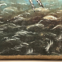 Swarming Gulls Over Moody Sea Old Oil Painting on Wood Panel