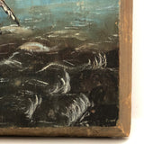 Swarming Gulls Over Moody Sea Old Oil Painting on Wood Panel