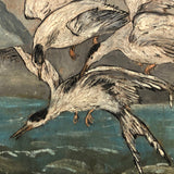 Swarming Gulls Over Moody Sea Old Oil Painting on Wood Panel