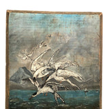 Swarming Gulls Over Moody Sea Old Oil Painting on Wood Panel