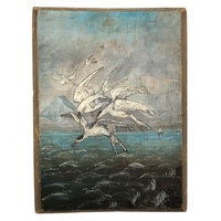 Swarming Gulls Over Moody Sea Old Oil Painting on Wood Panel