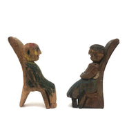 Happy Couple in their Chairs, Pair of Old Painted Carvings