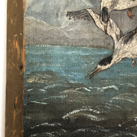Swarming Gulls Over Moody Sea Old Oil Painting on Wood Panel