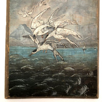 Swarming Gulls Over Moody Sea Old Oil Painting on Wood Panel